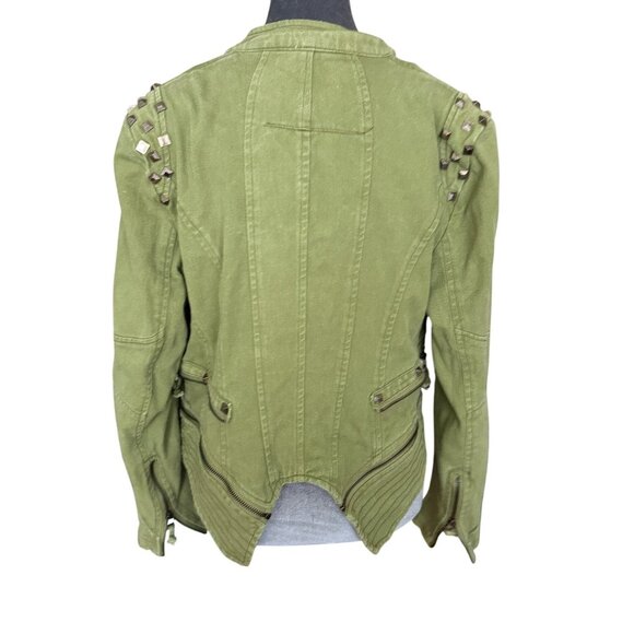 Green Studded Moto Jacket With Asymmetrical Zipper Womens M Cotton Blend Edgy De - Picture 6 of 9